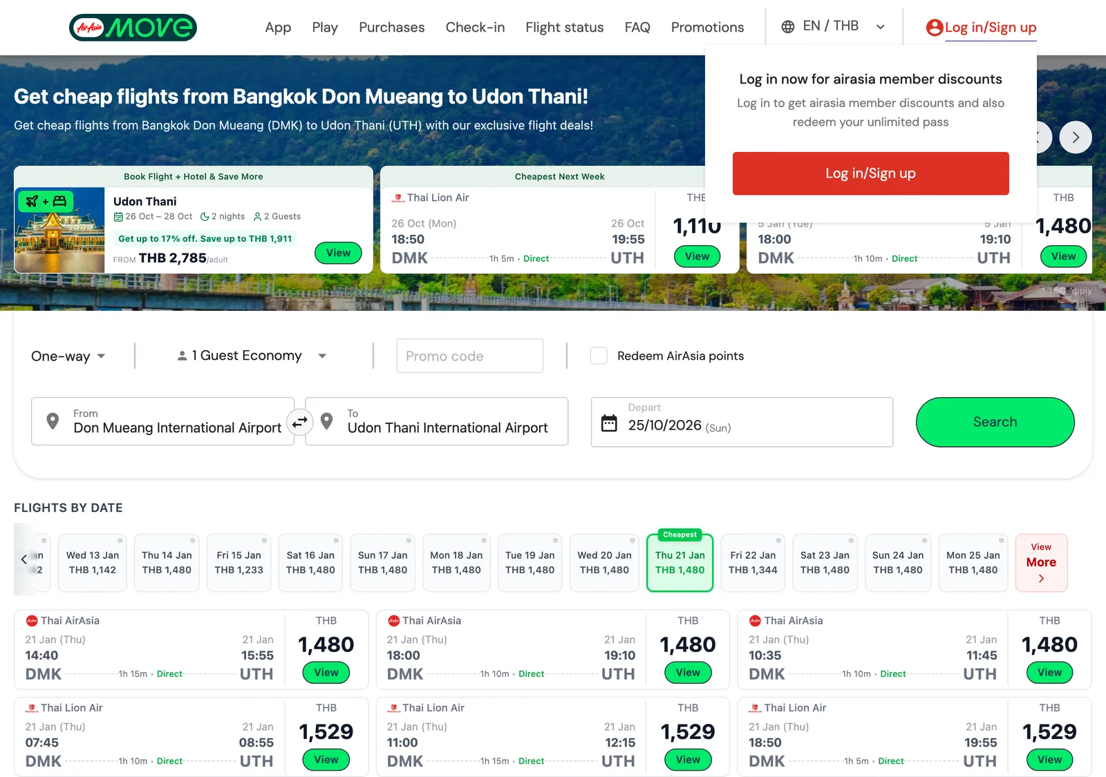 Airline route page for Bangkok Don Mueang to Udon Thani with a search box and a strip of daily fares.