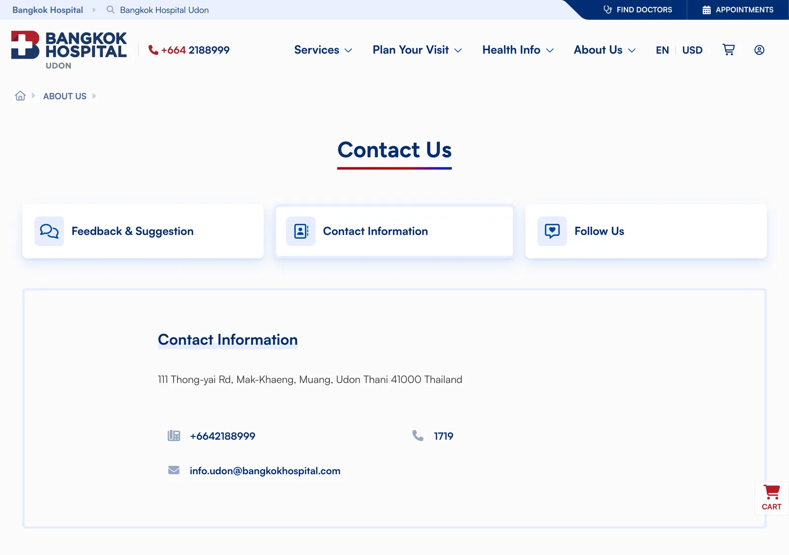 Hospital contact page for Bangkok Hospital Udon with the street address, phone number and local-call hotline.