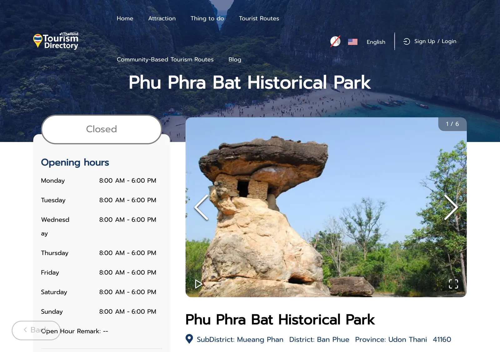 Tourism directory page for Phu Phra Bat Historical Park showing daily opening hours and a photo of a balanced rock.