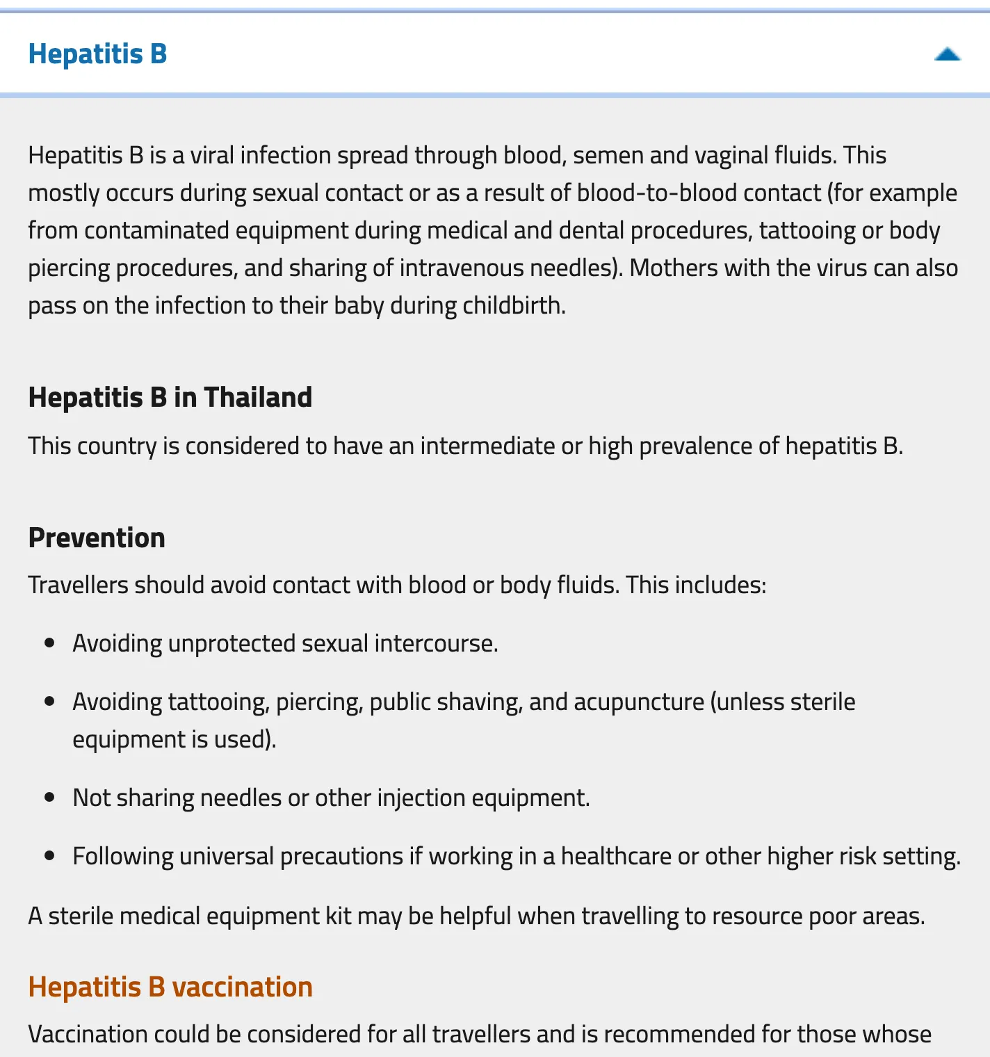 Expanded Hepatitis B section of the TravelHealthPro Thailand page with prevention bullets and the start of the vaccination paragraph.