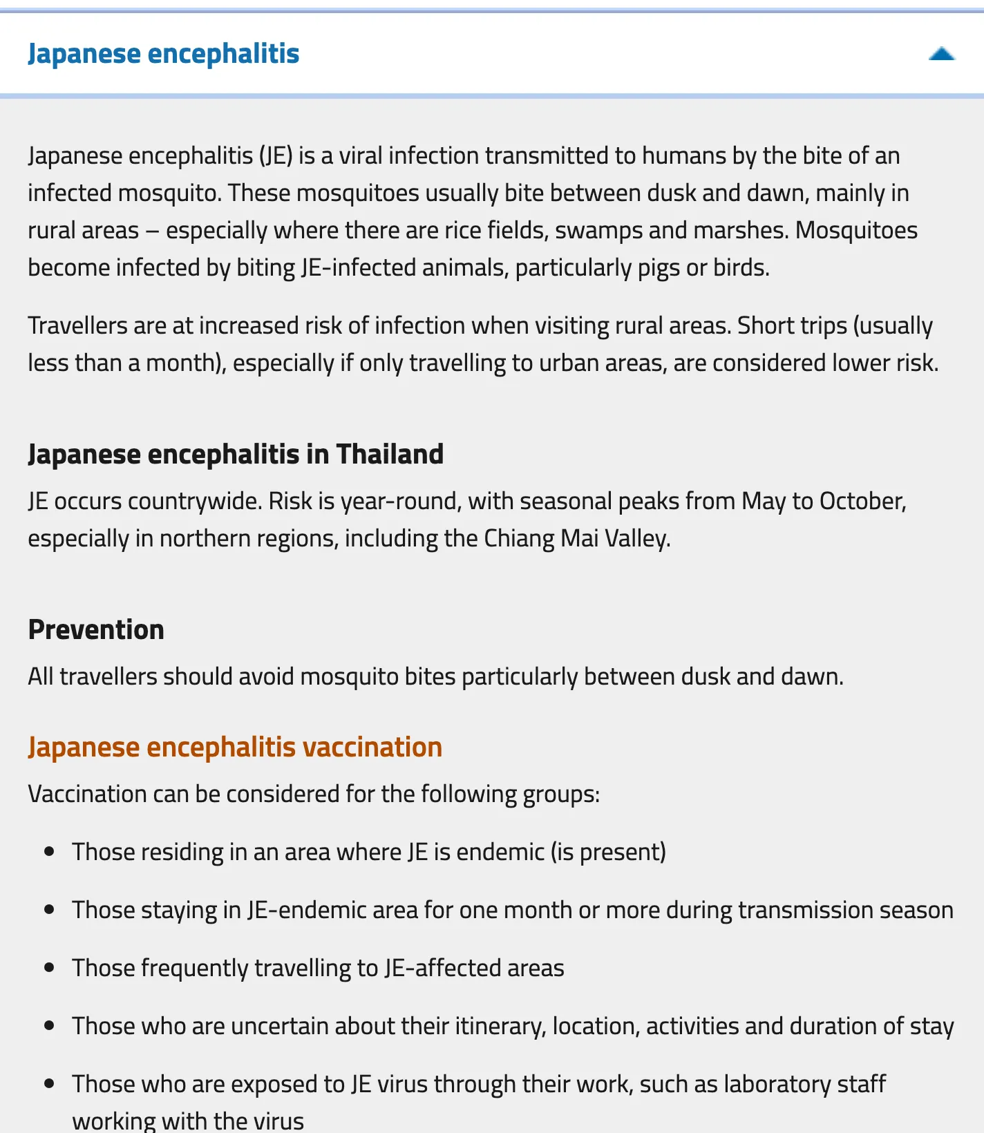 Expanded Japanese encephalitis section of the TravelHealthPro Thailand page with a bullet list of groups for whom vaccination is considered.