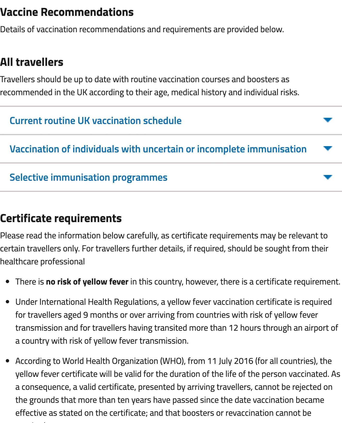 TravelHealthPro Thailand page with the Vaccine Recommendations heading, an All travellers paragraph on routine vaccines and a Certificate requirements list about yellow fever.