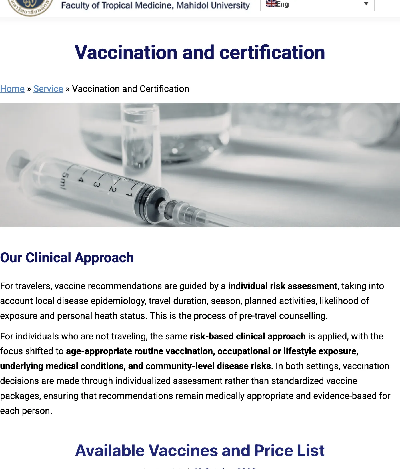 Thai Travel Clinic page titled Vaccination and certification, with a syringe photo and a text section on the clinical approach to vaccine advice.
