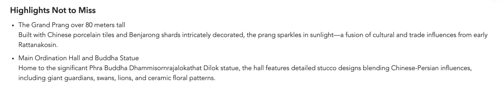 Government visitor page on Wat Arun listing the Grand Prang over 80 meters tall and the main ordination hall with its Buddha statue.