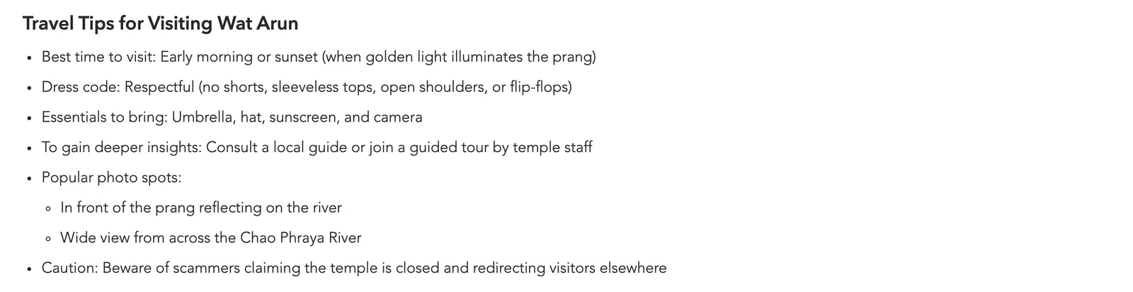 Government visitor page travel tips for Wat Arun: best time, the dress code without shorts or flip-flops, items to bring and a warning about scammers.