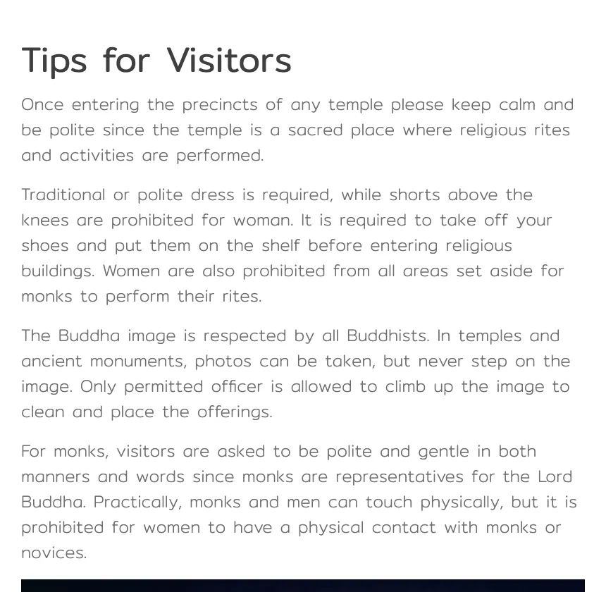 Wat Pho page section Tips for Visitors on polite dress, shoes, photos of Buddha images and contact with monks.