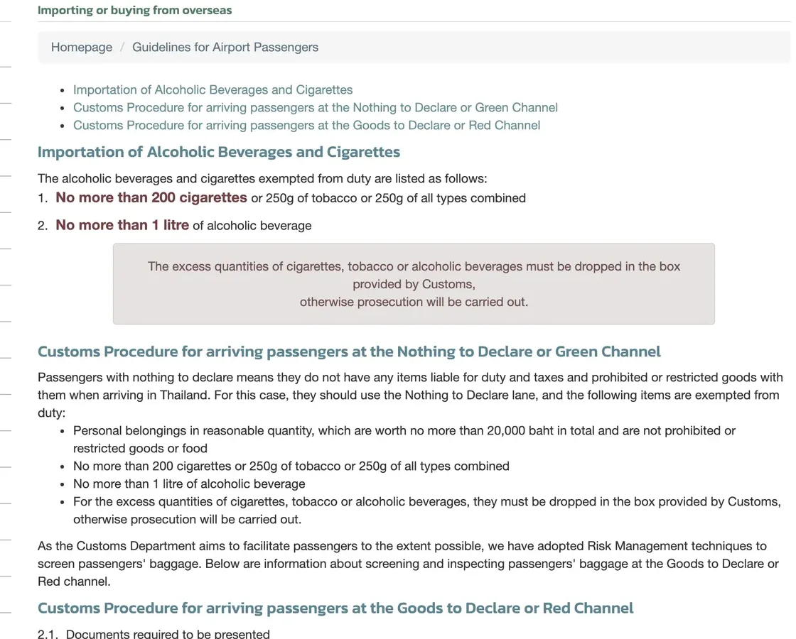Thai Customs Department page on airport passengers with the cigarette and alcohol allowance and the green channel conditions.
