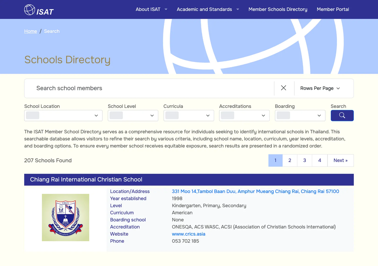 Schools Directory search page with filters for location, level, curriculum, accreditation and boarding