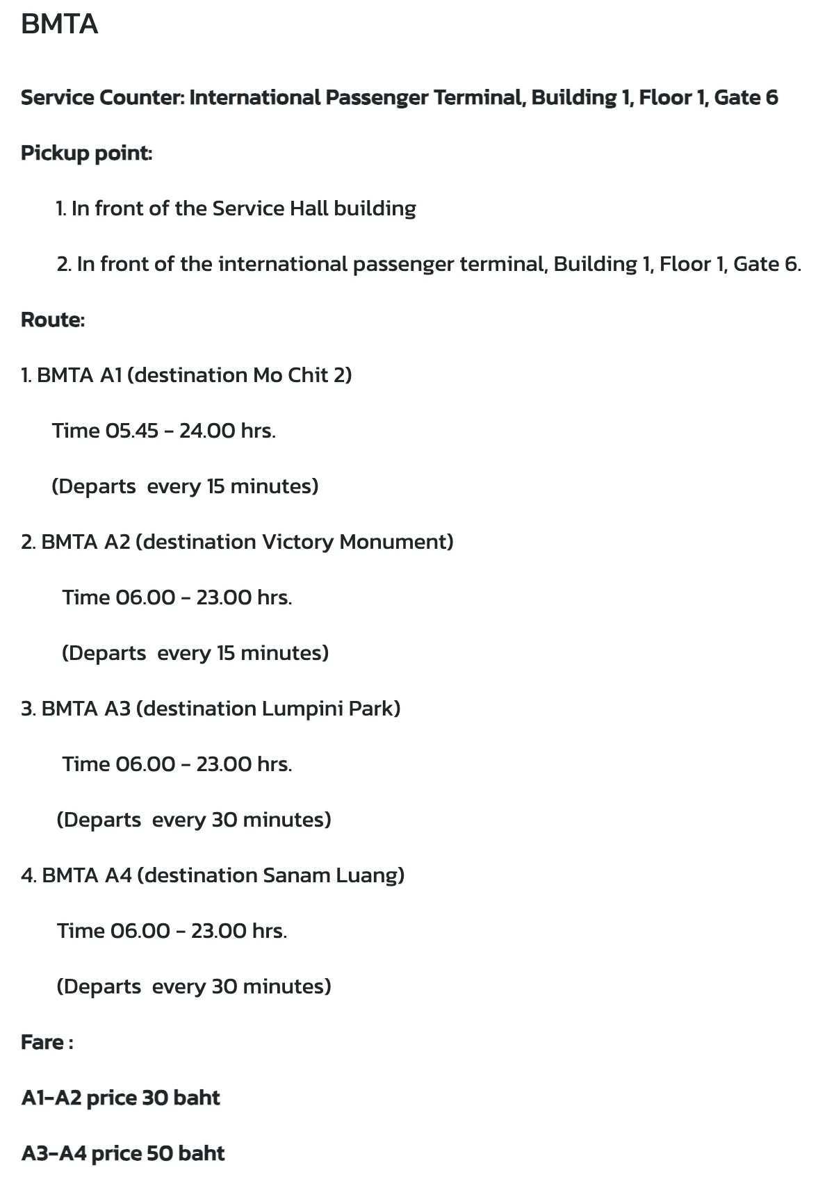 Airports of Thailand page for Don Mueang Airport listing the BMTA airport bus routes with their running times, frequency and fares.